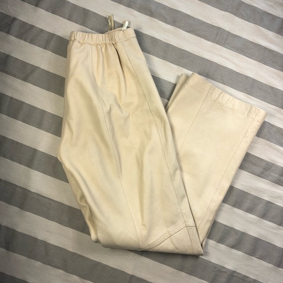 Pants - Beige genuine leather pants straight high waist 14